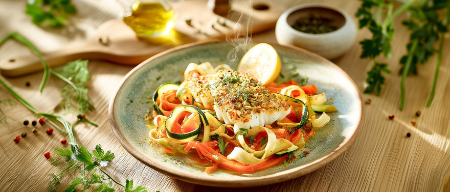 Zanderfilet mit Pfefferkruste auf Gemüsenudeln