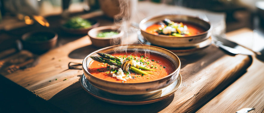 Tomatensuppe mit gebratenem Spargel und Ziegenkäse