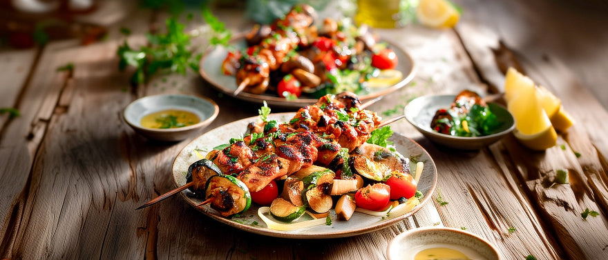Indische Hähnchenspieße mit Salat von gegrilltem Kräutergemüse