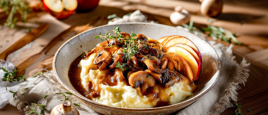 Gebratene Herbstpilze mit Apfel und Kartoffelstampf