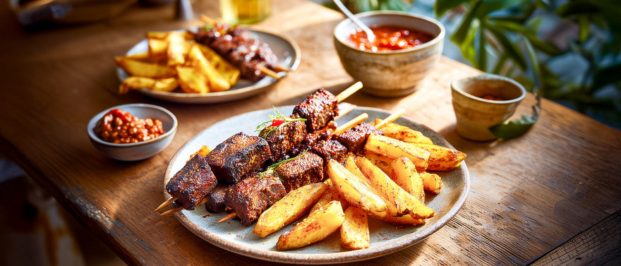 Steaksticks mit Currykartoffeln