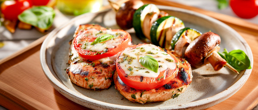 Marinierte Putensteaks mit Zucchini-Champignon-Spieß