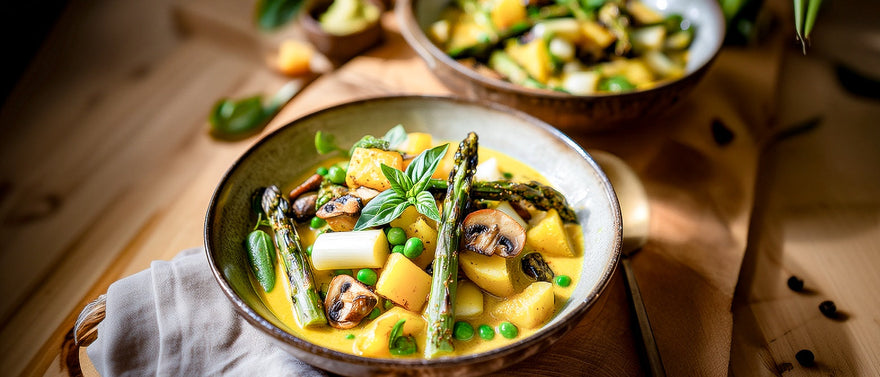 Curry mit zweierlei Spargel und Kartoffeln