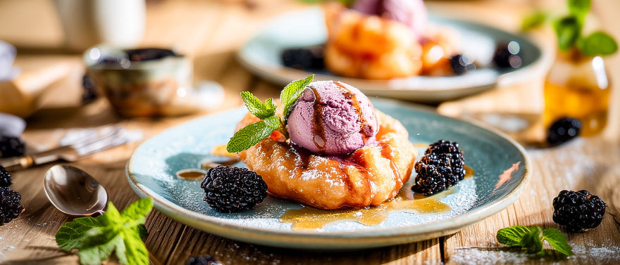 Birnenkrapfen mit Honig-Brombeereis