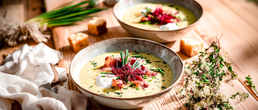 Kräuter-Lauch-Cremesuppe mit Speck und roter Beete