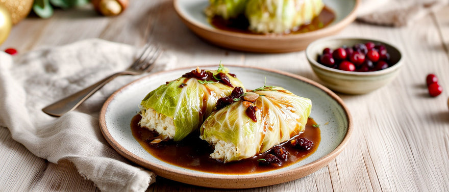 Kohlrouladen mit Ricottafüllung in Preiselbeer-Maronensoße