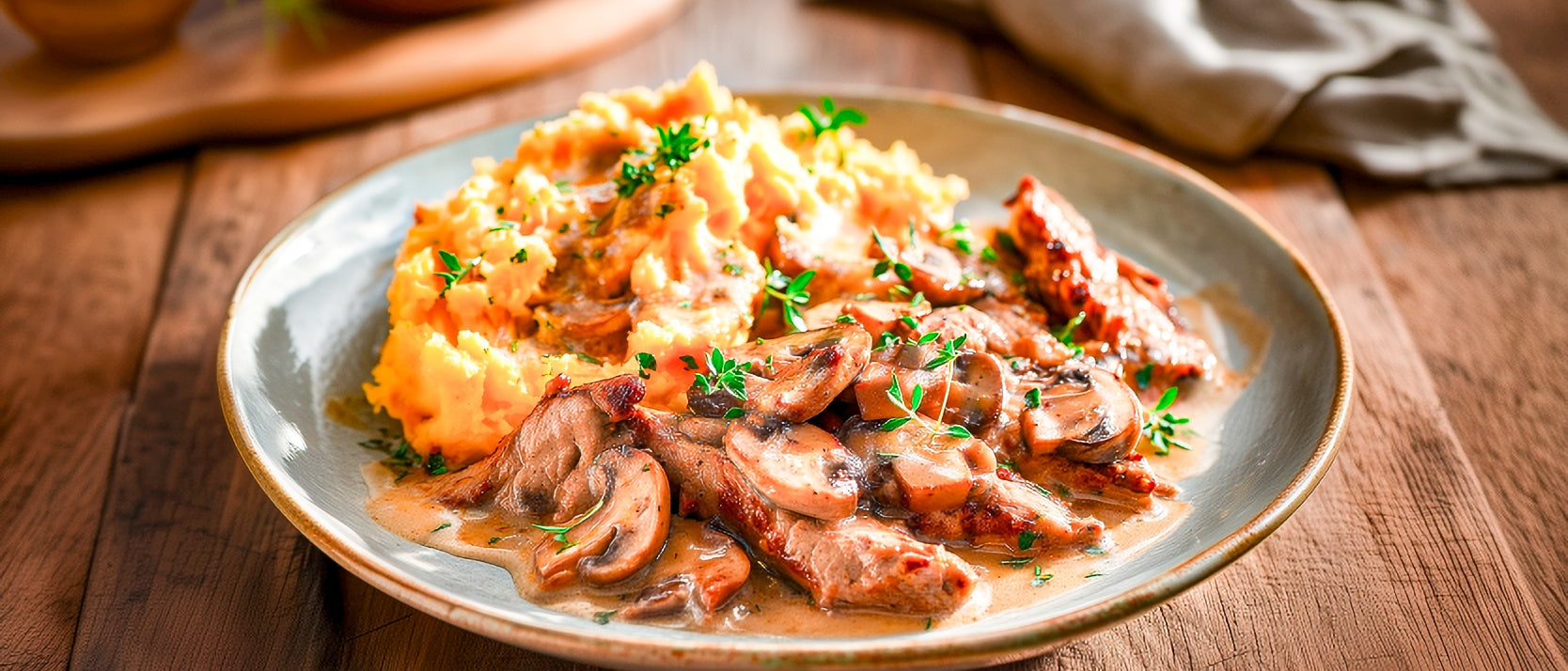 Kalbsgeschnetzeltes in Champignon-Balsamicosoße mit Kürbis-Kartoffelstampf