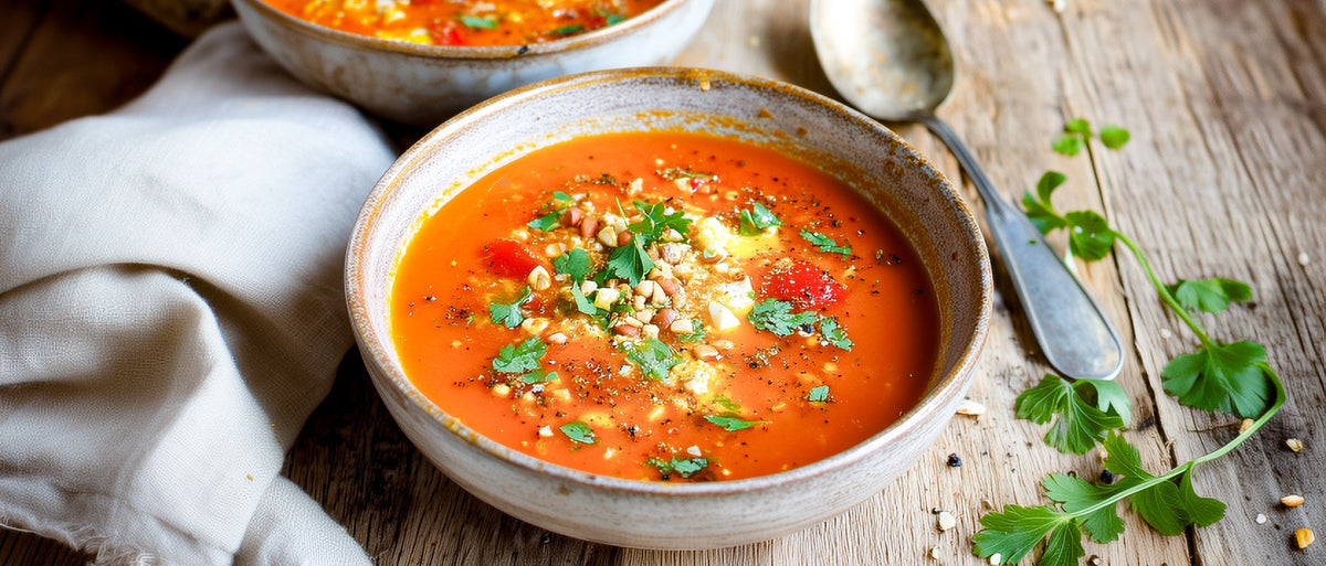 Tomaten-Paprikasuppe mit Mandeln und Ei