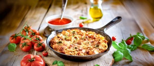 Nudelomelette mit Putenbrust und Tomatensoße