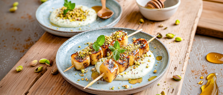 Bananen-Mangospieße mit Pistazien-Honig-Joghurt