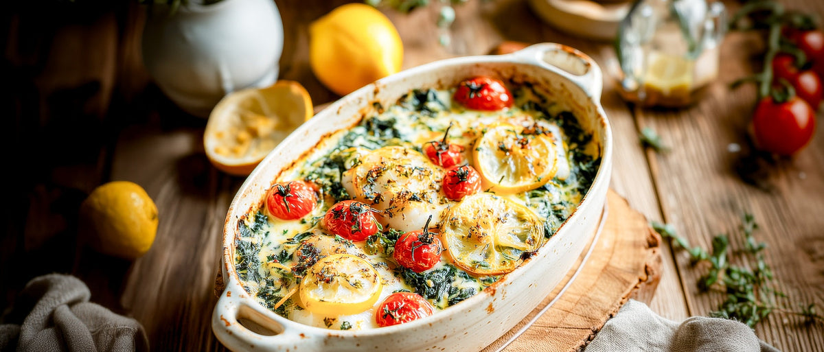 Zander-Spinatgratin auf Wildreis und Kirschtomaten