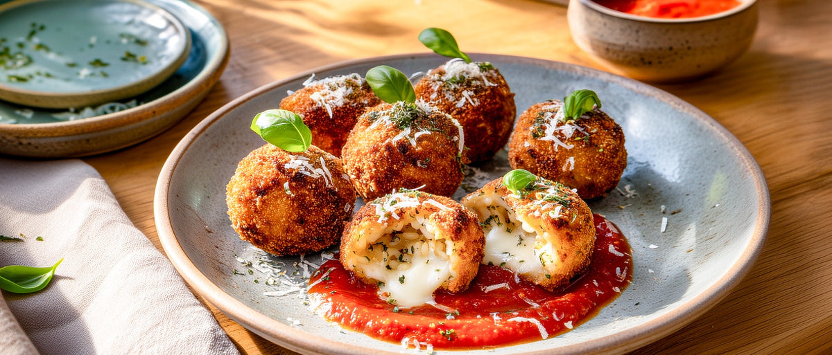 Frittierte Risottokugeln mit Mozzarellafüllung und Tomatensoße