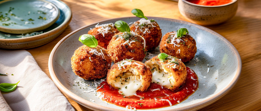Frittierte Risottokugeln mit Mozzarellafüllung und Tomatensoße