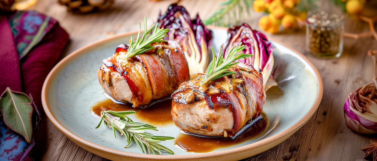 Schweinerücken mit Rosmarin gegart auf Honig-Radicchio