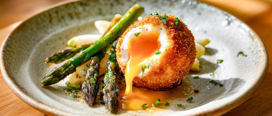 Frittierte Eier mit Spargel in Kräuter-Vinaigrette