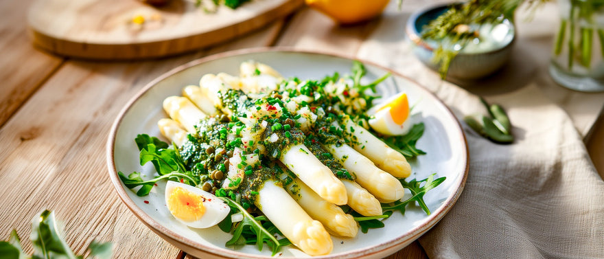 Spargel in Kräuterdressing mit Ei und Rucola