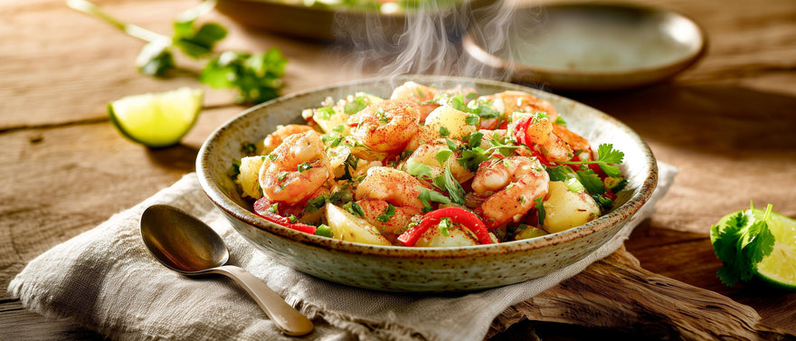 Garnelen auf Kartoffelsalat in Kokosdressing