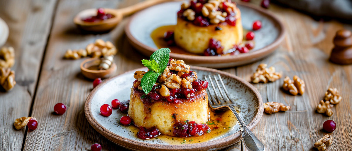 Gebratene Walnuss-Honig-Polenta mit Birnen-Preiselbeerkompott