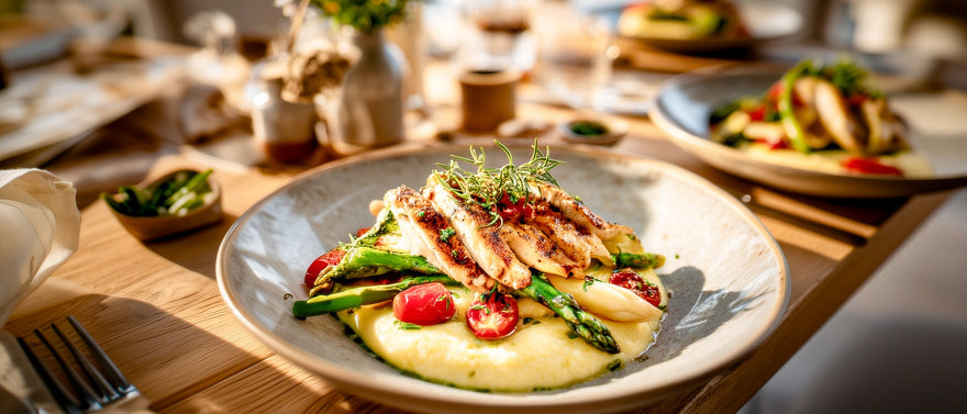 Spargel mit gebratenen Hähnchenstreifen und Bärlauchpolenta