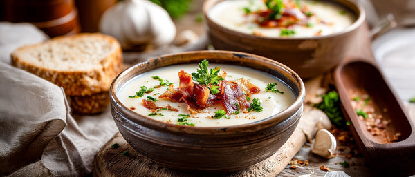 Kartoffel-Knoblauchsuppe mit Specksticks