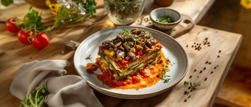 Vegane Zucchini-Frühlingschampignon-Lasagne