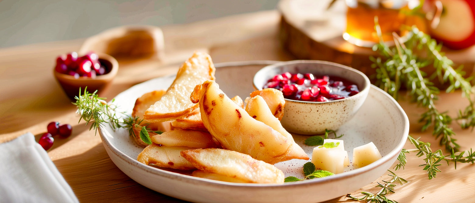 Gebackene Äpfel mit Birnen-Preiselbeer-Dip