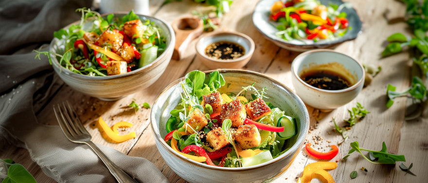 Grüner Salat mit gebackenem Schafskäse und Paprika in Tomatendressing