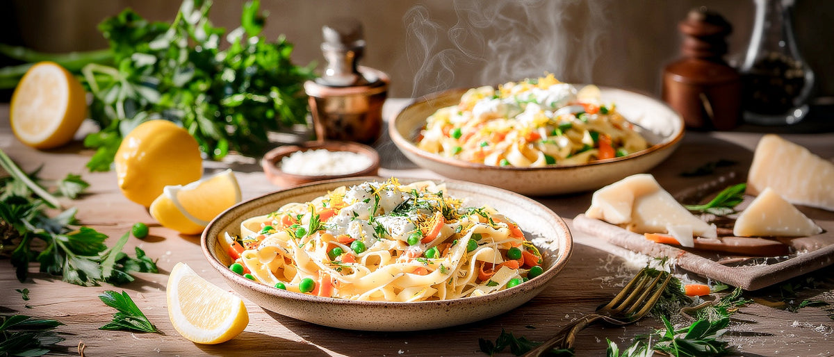 Bandnudeln mit Möhren, Erbsen und Ricotta