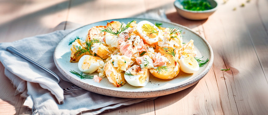 Bratkartoffel-Eiersalat mit Forellenfilet