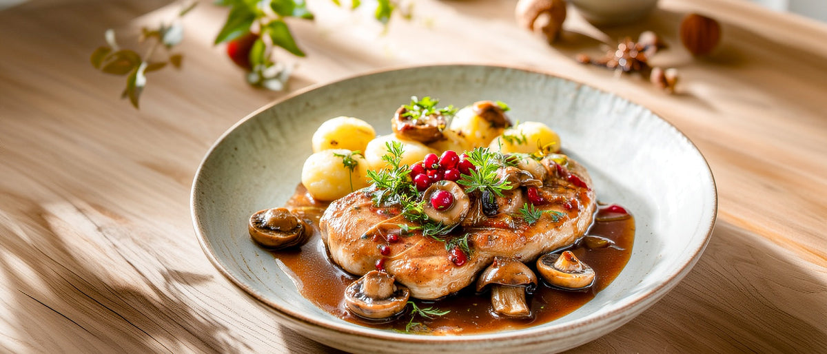 Hähnchenschnitzel mit Steinpilzen und Maronen