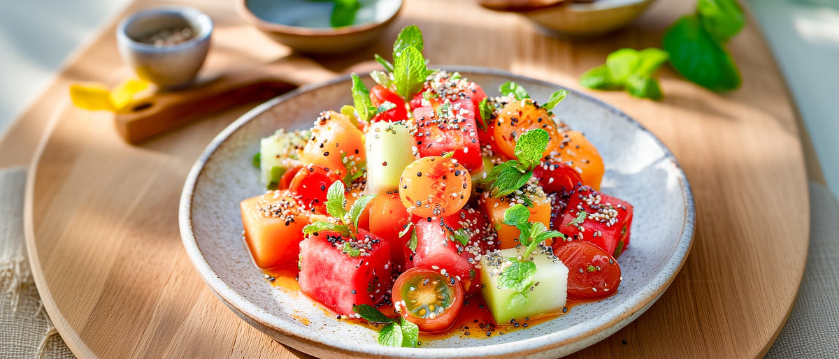 Melonensalat mit Tomaten und Ingwer