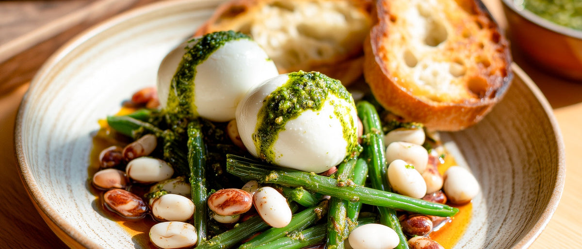 Mozzarella auf Bohnensalat mit Pesto Verde