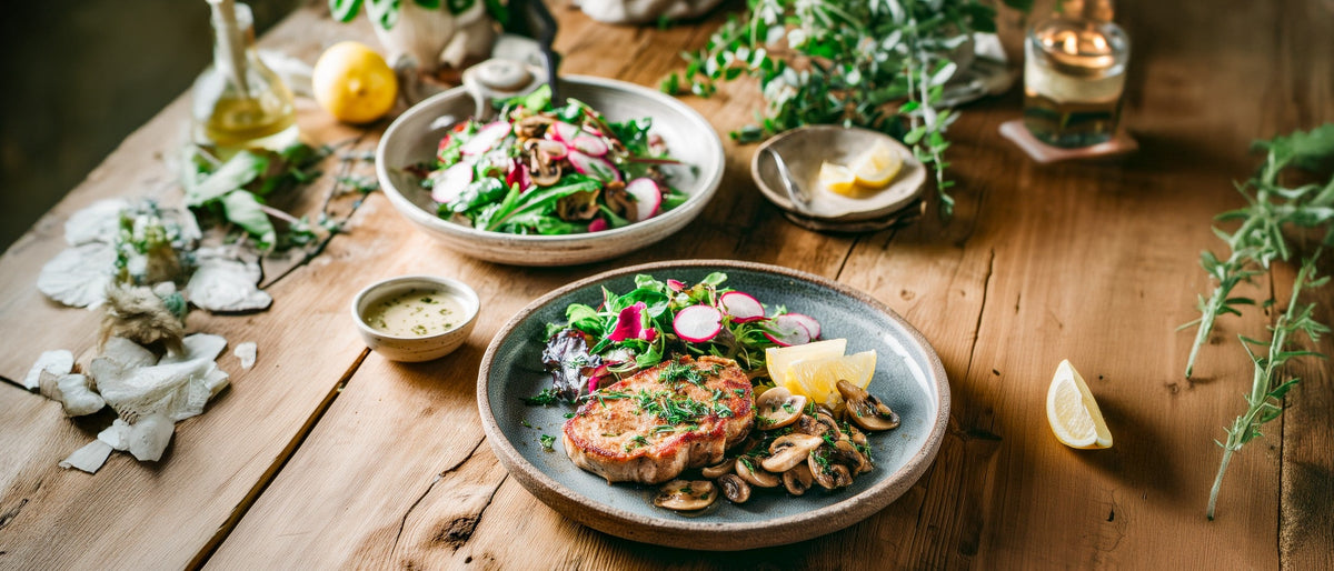 Putenschnitzel auf Radieschen-Champignongemüse