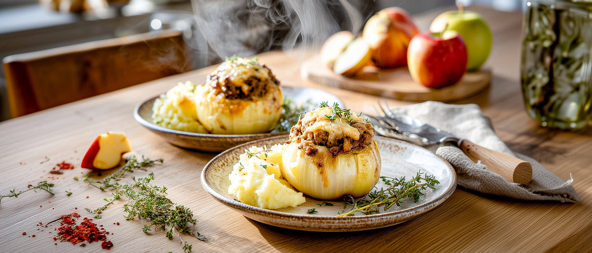 Gefüllte Gemüsezwiebeln mit Apfel-Kartoffelpüree
