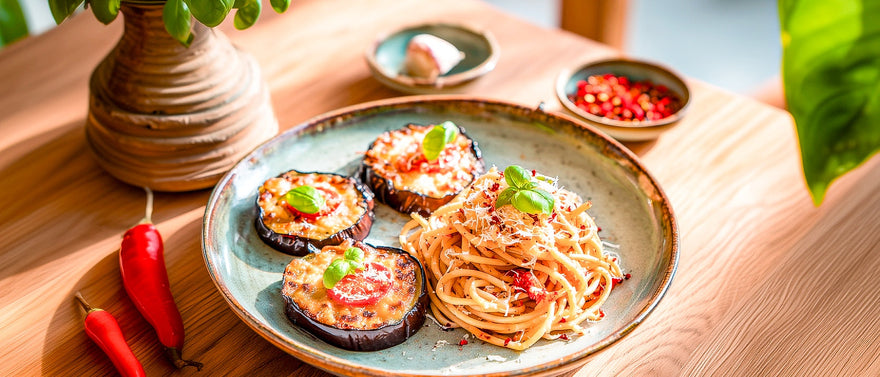 Feurige Knoblauch-Spaghetti mit überbackenen Auberginen