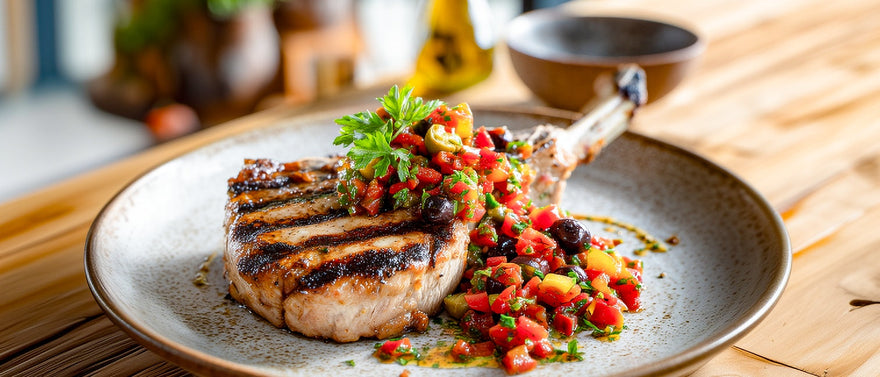 Gegrilltes Schweinekotelett mit mediterraner Olivensalsa