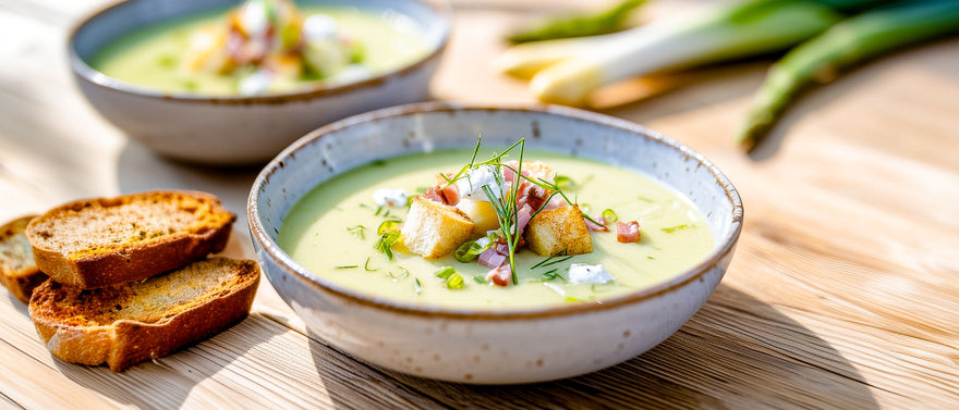 Kartoffel-Sauerampfersuppe mit Spargel