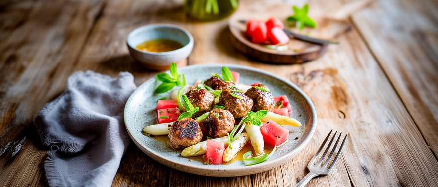 Würzige Fleischbällchen mit Spargel-Melonensalat