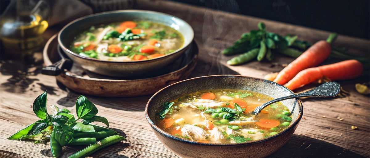 Frühlingssuppe mit Hähnchen, Zuckererbsen und jungen Möhren