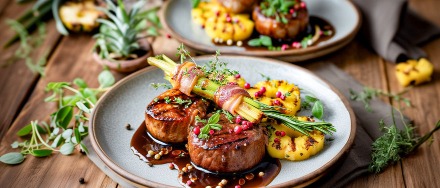 Gegrilltes Schweinefilet mit Ananas und Speck-Lauchzwiebeln