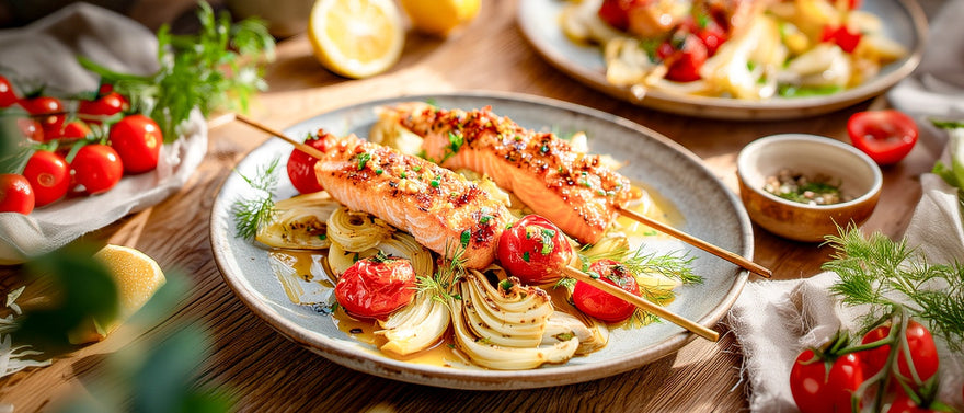 Lachsspieße auf gebratenem Fenchel mit Ofentomaten