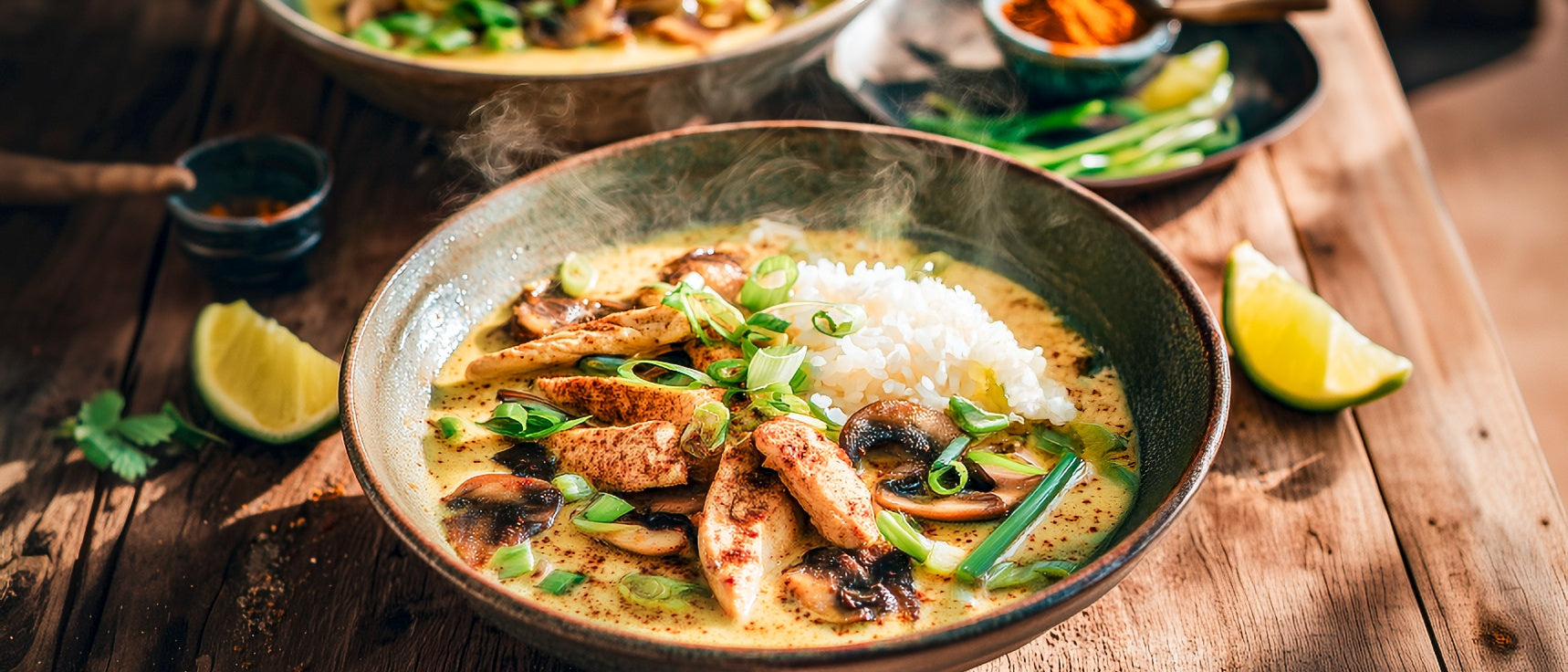 Curry-Reissuppe mit Hähnchenstreifen und Champignons