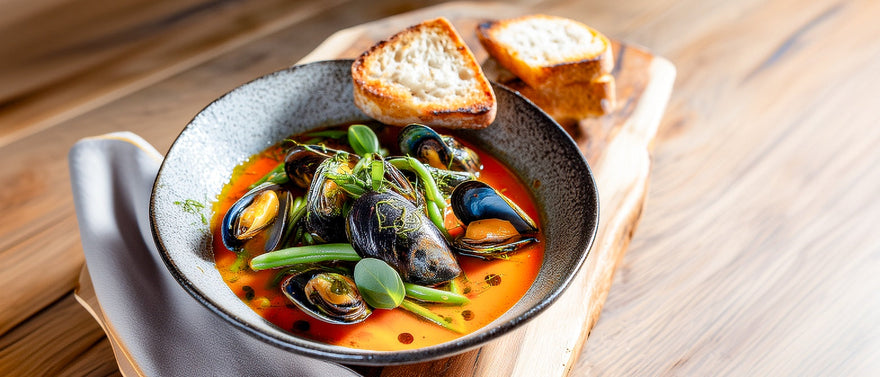 Tomatensuppe mit Muscheln und grünen Bohnen