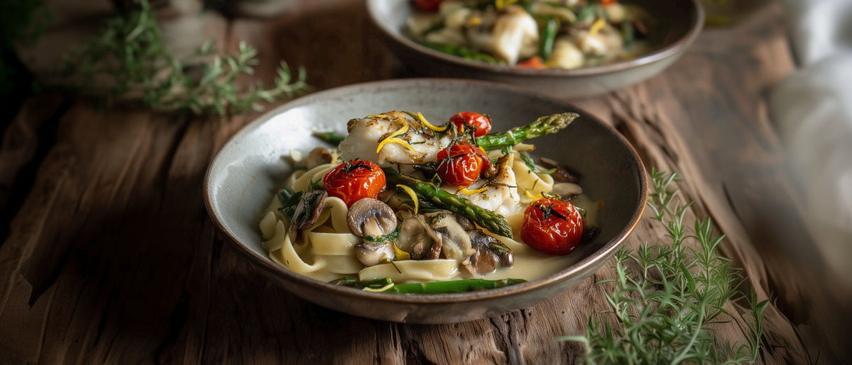 Seeteufelragout mit grünem Spargel und Champignons