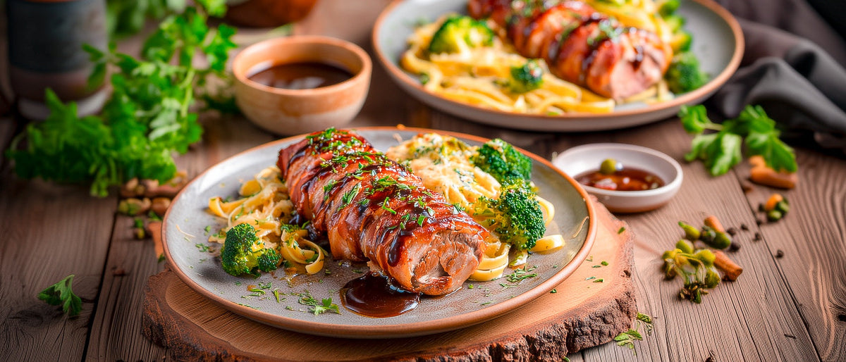 Schweinefilet im Speckmantel mit Brokkoligratin