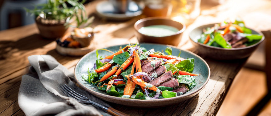 Karotten-Spinatsalat mit Roastbeef und Frühlingskräutercreme
