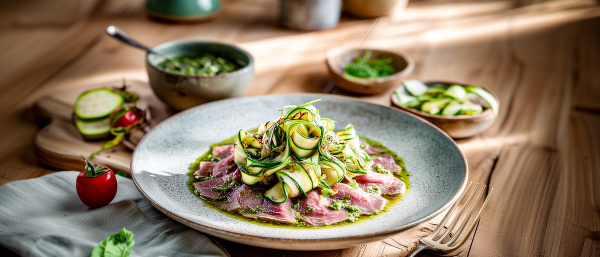 Carpaccio im Pestomantel mit gegrilltem Zucchinisalat