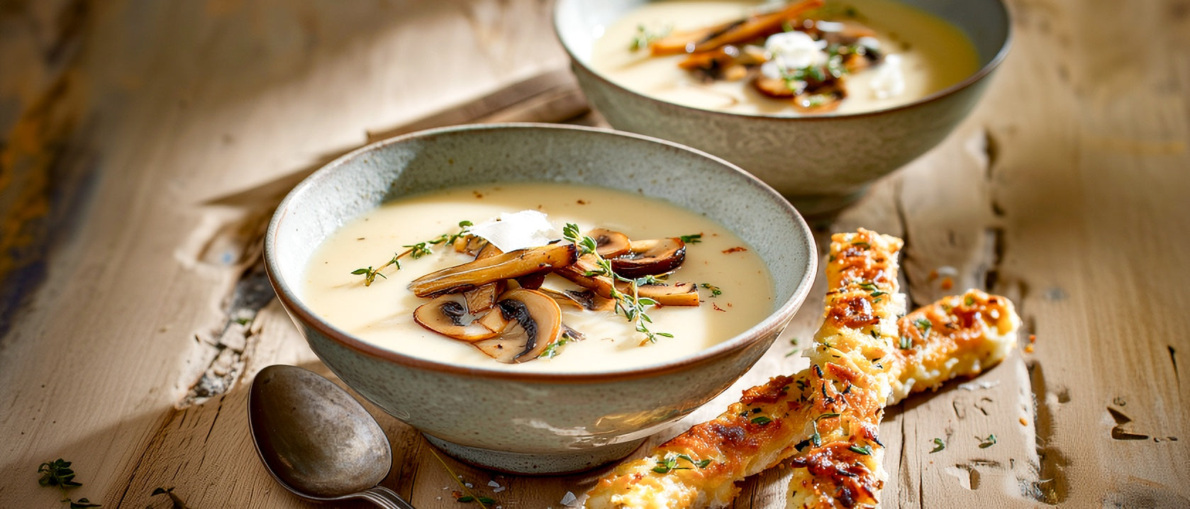 Kartoffelsuppe mit Champignons und Käsesticks