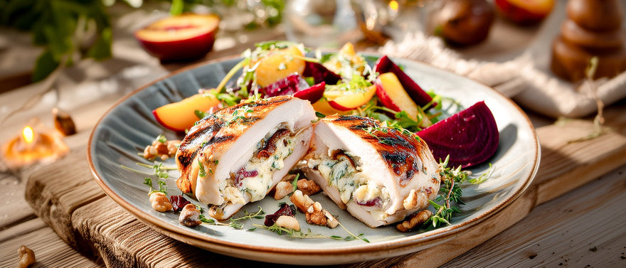 Gegrilltes Hähnchen-Saltimbocca mit Rote Beete-Pfirsichsalat