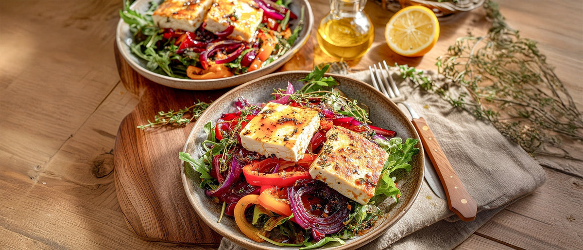 Rucolasalat mit gerösteter Paprika und Schafskäse